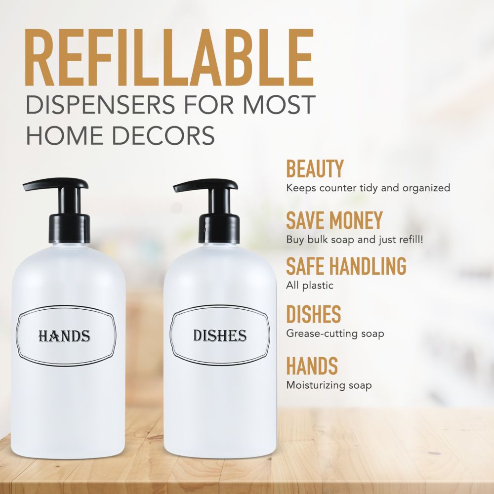16 oz PET Plastic Set of Hand and Dish Soap Refillable Bottle Dispensers with Black Lotion Pumps-BPA-free and Preprinted