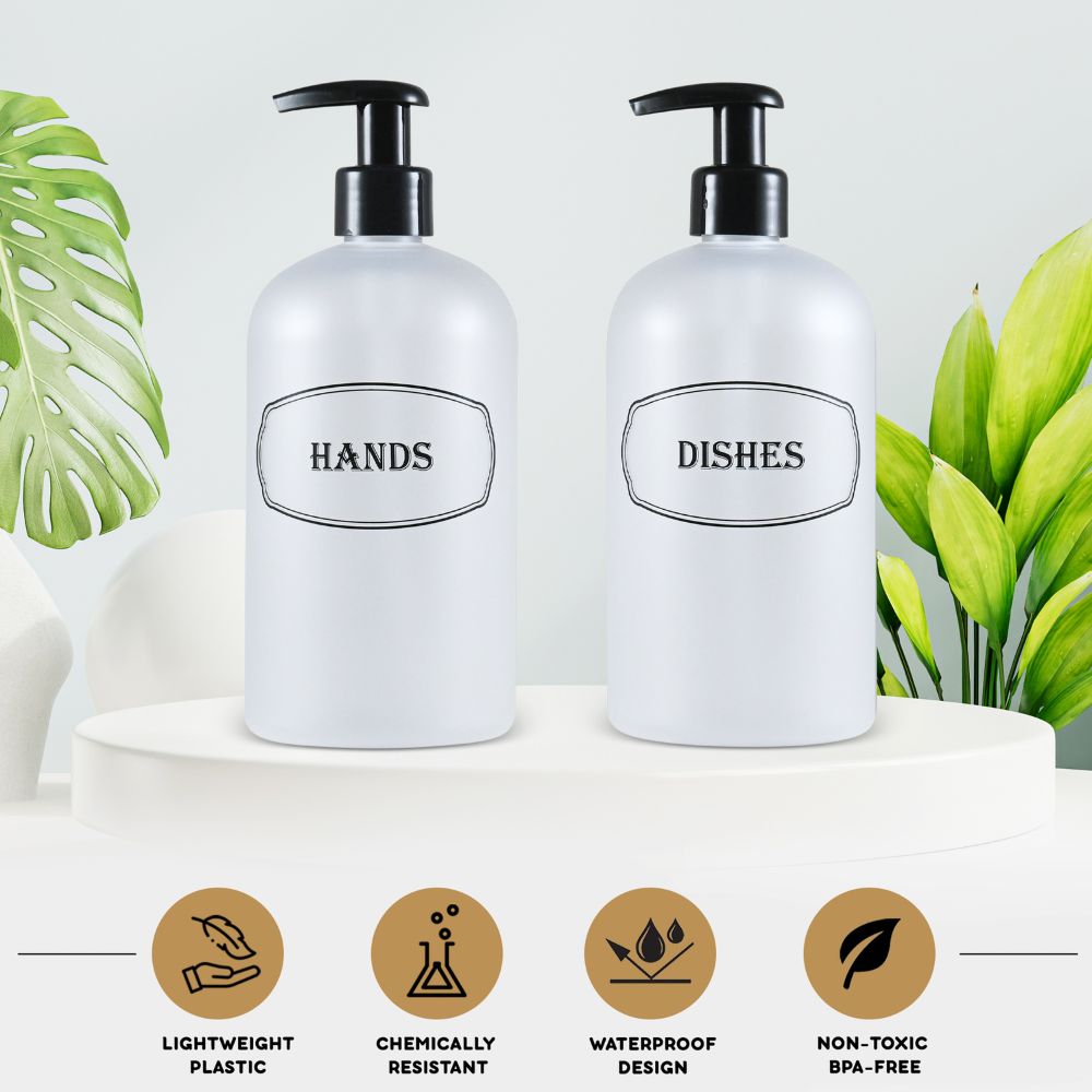 16 oz PET Plastic Set of Hand and Dish Soap Refillable Bottle Dispensers with Black Lotion Pumps-BPA-free and Preprinted