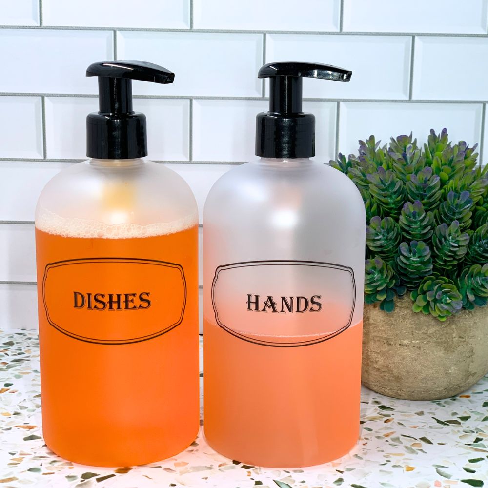 16 oz PET Plastic Set of Hand and Dish Soap Refillable Bottle Dispensers with Black Lotion Pumps-BPA-free and Preprinted