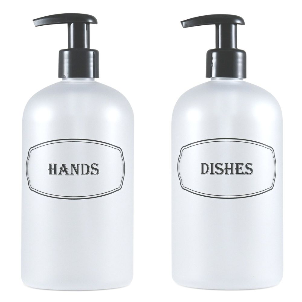 16 oz PET Plastic Set of Hand and Dish Soap Refillable Bottle Dispensers with Black Lotion Pumps-BPA-free and Preprinted