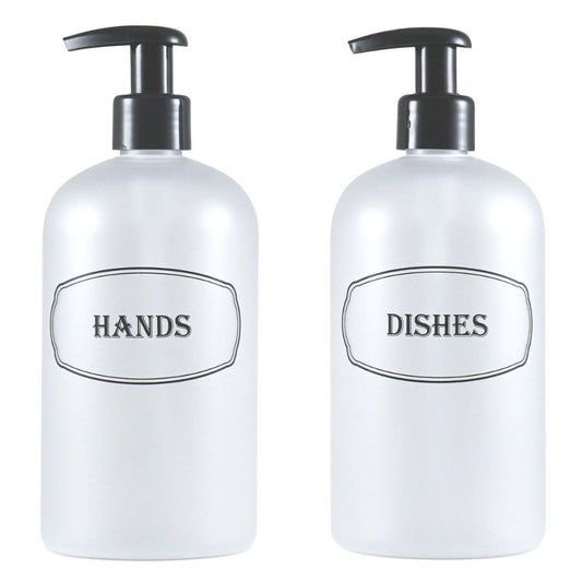 16 oz PET Plastic Set of Hand and Dish Soap Refillable Bottle Dispensers with Black Lotion Pumps-BPA-free and Preprinted