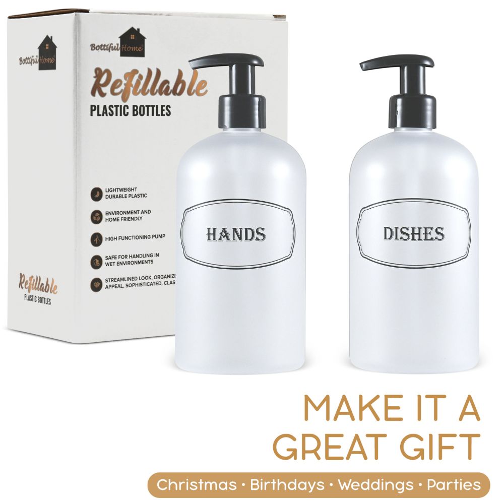 16 oz PET Plastic Set of Hand and Dish Soap Refillable Bottle Dispensers with Black Lotion Pumps-BPA-free and Preprinted
