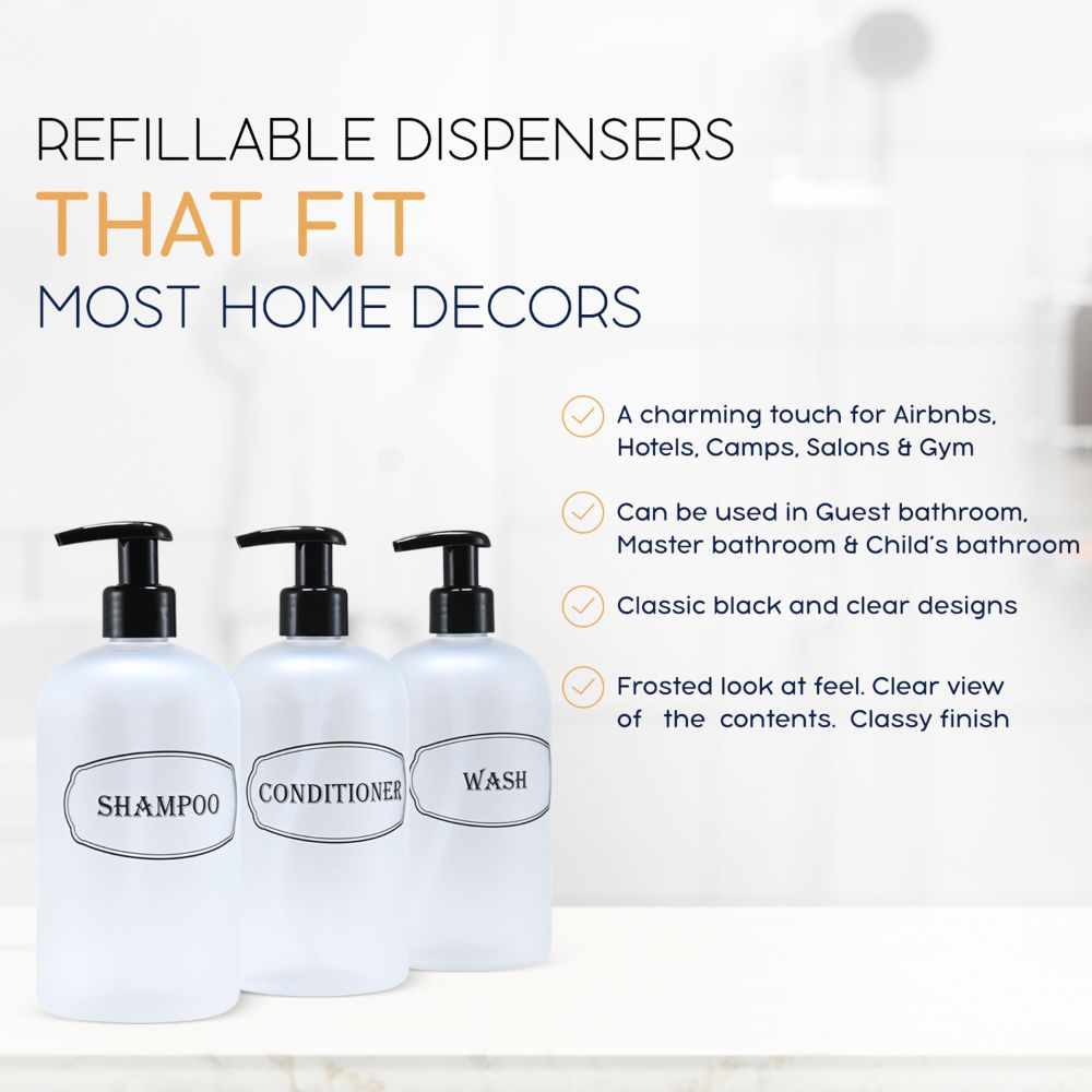 16 oz. Refillable Plastic Shampoo, Conditioner, Wash Shower Bottles with High-Viscosity Pumps