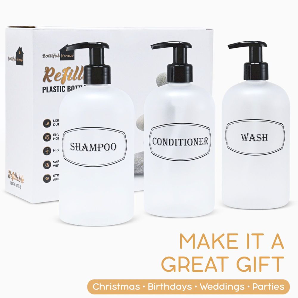 16 oz. Refillable Plastic Shampoo, Conditioner, Wash Shower Bottles with High-Viscosity Pumps