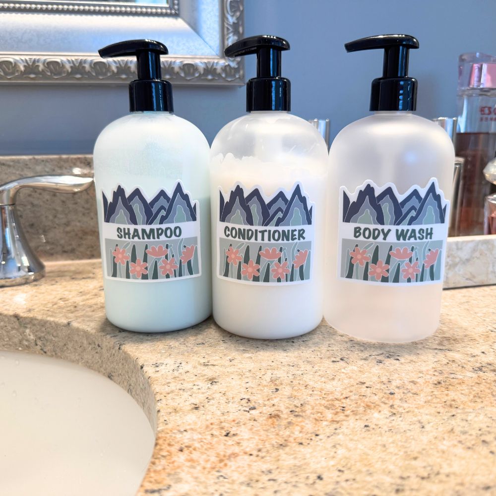 Fields & Mountains Vinyl Sticker Set - Shampoo, Conditioner, Body Wash