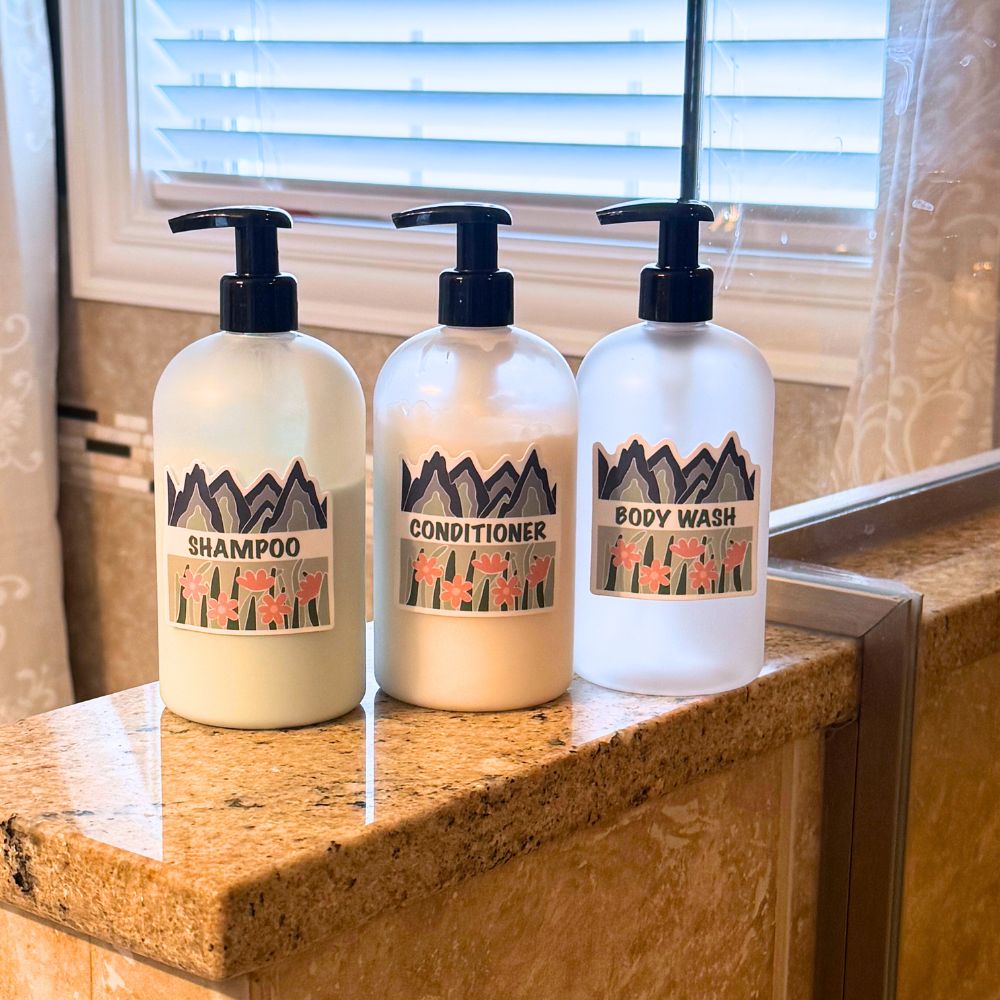 Fields & Mountains Vinyl Sticker Set - Shampoo, Conditioner, Body Wash