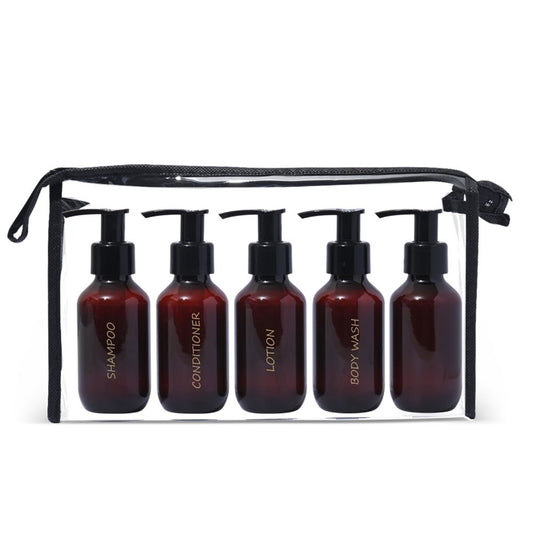 3 oz. Refillable Gold Printed Amber Plastic Travel Bottles Set w Pumps - TSA-Compliant