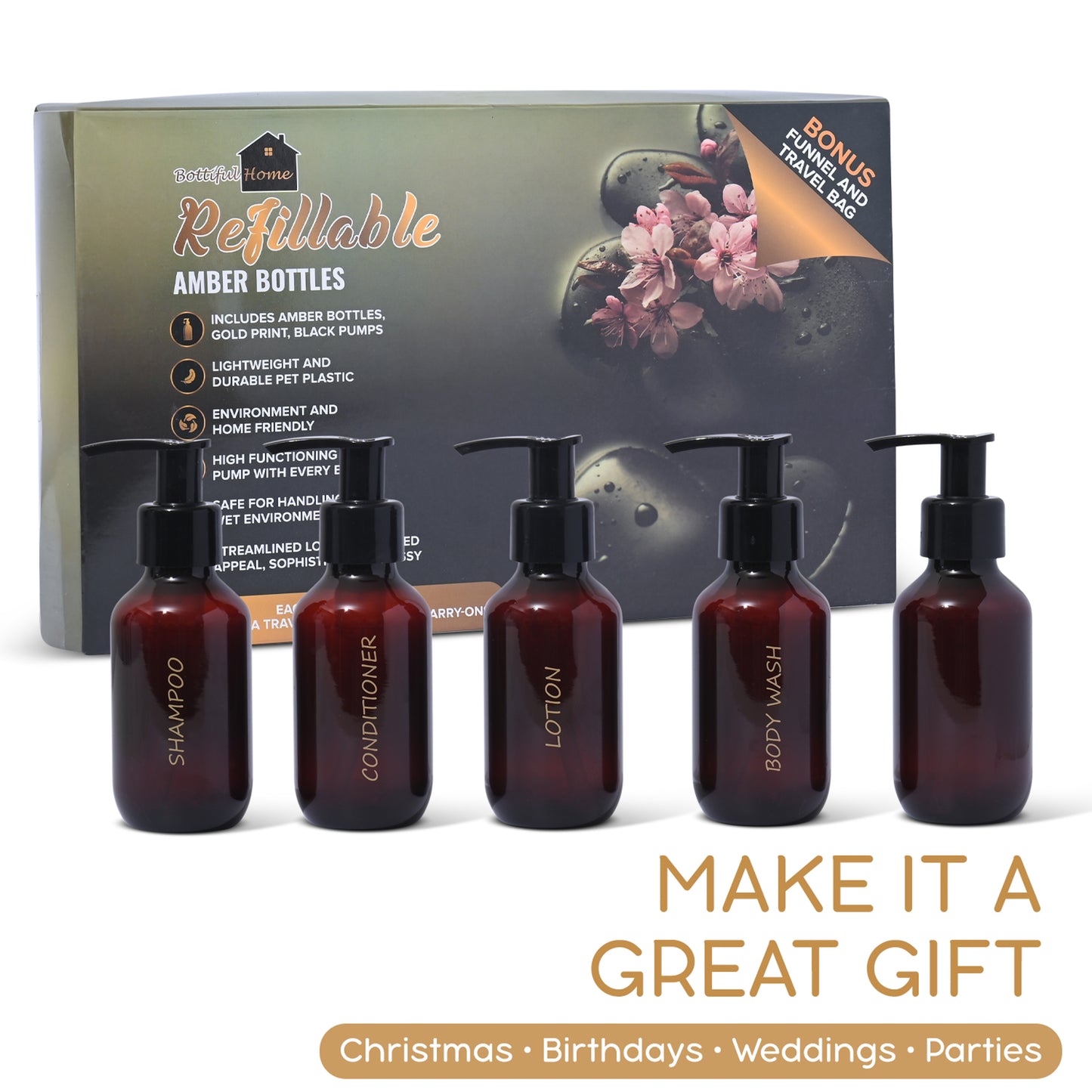 3 oz. Refillable Gold Printed Amber Plastic Travel Bottles Set w Pumps - TSA-Compliant
