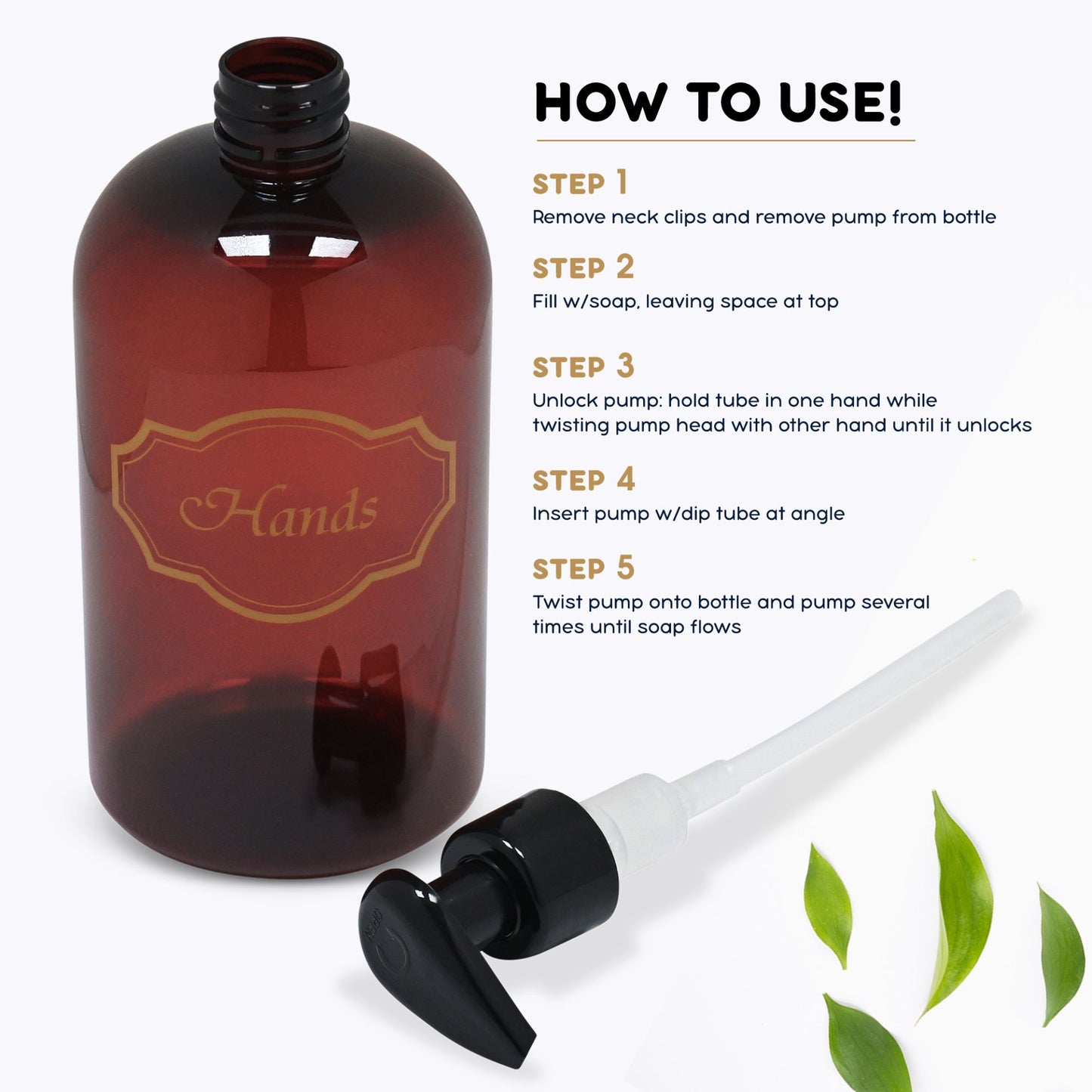 16 oz PET Plastic Set of Hand and Dish Soap Refillable Bottle Dispensers with Black Lotion Pumps-BPA-free and Preprinted