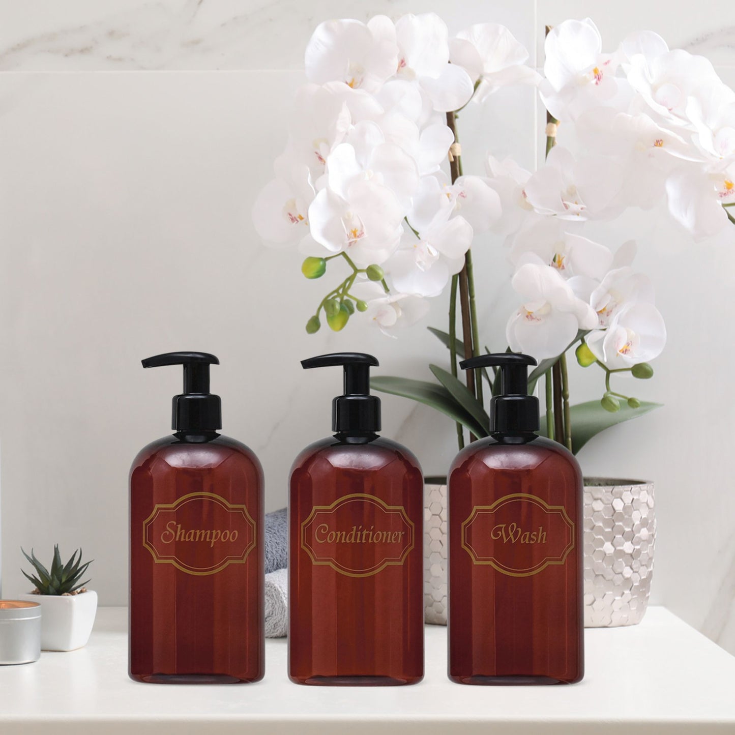 16 oz. Refillable Plastic Shampoo, Conditioner, Wash Shower Bottles with High-Viscosity Pumps