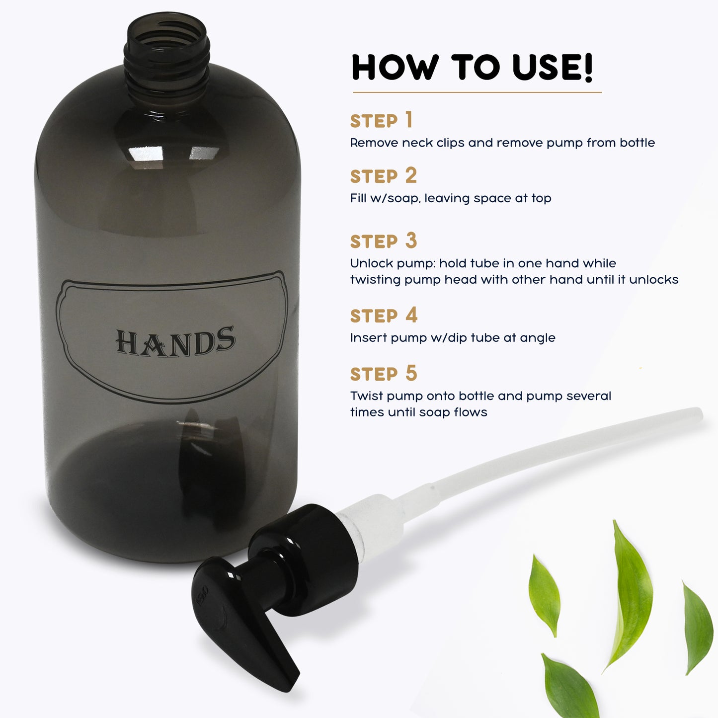 16 oz PET Plastic Set of Hand and Dish Soap Refillable Bottle Dispensers with Black Lotion Pumps-BPA-free and Preprinted