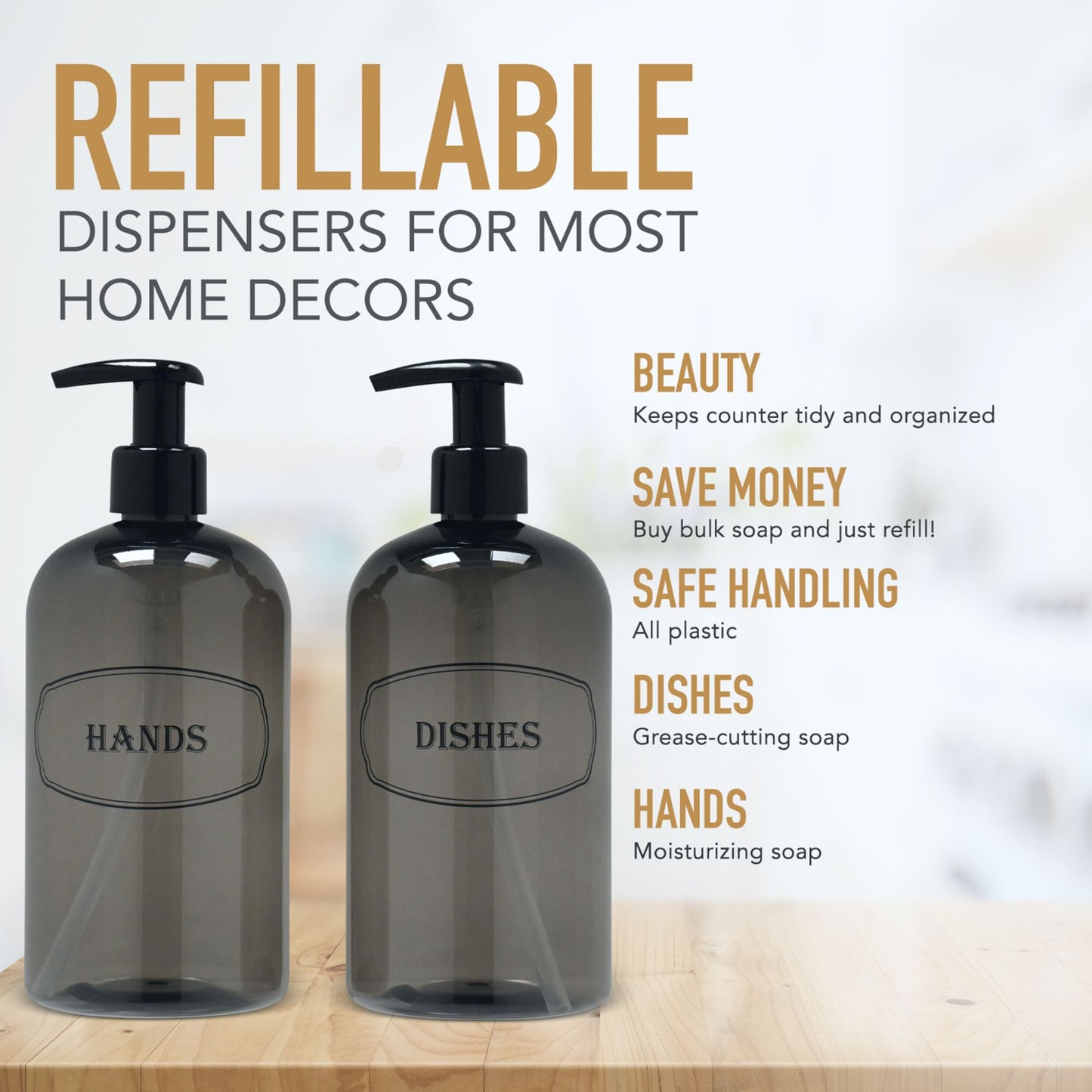 16 oz PET Plastic Set of Hand and Dish Soap Refillable Bottle Dispensers with Black Lotion Pumps-BPA-free and Preprinted