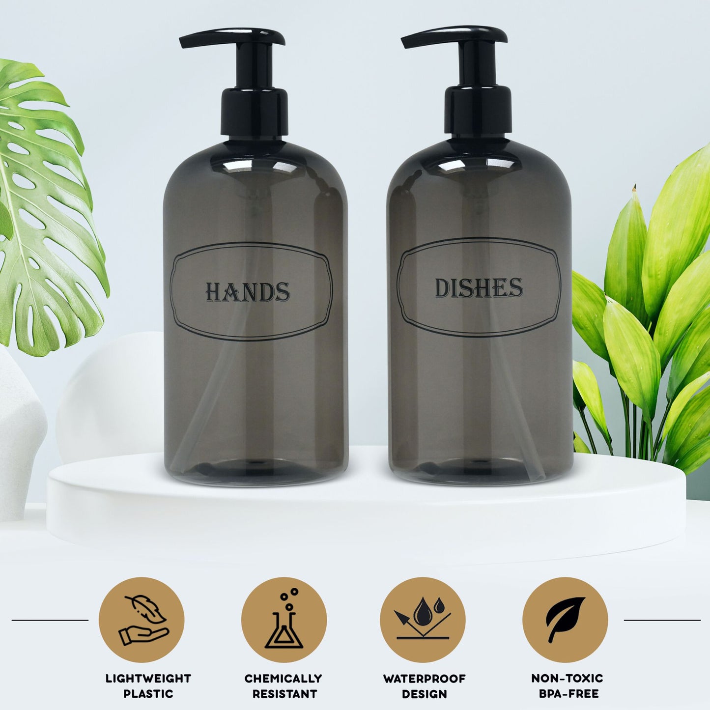 16 oz PET Plastic Set of Hand and Dish Soap Refillable Bottle Dispensers with Black Lotion Pumps-BPA-free and Preprinted