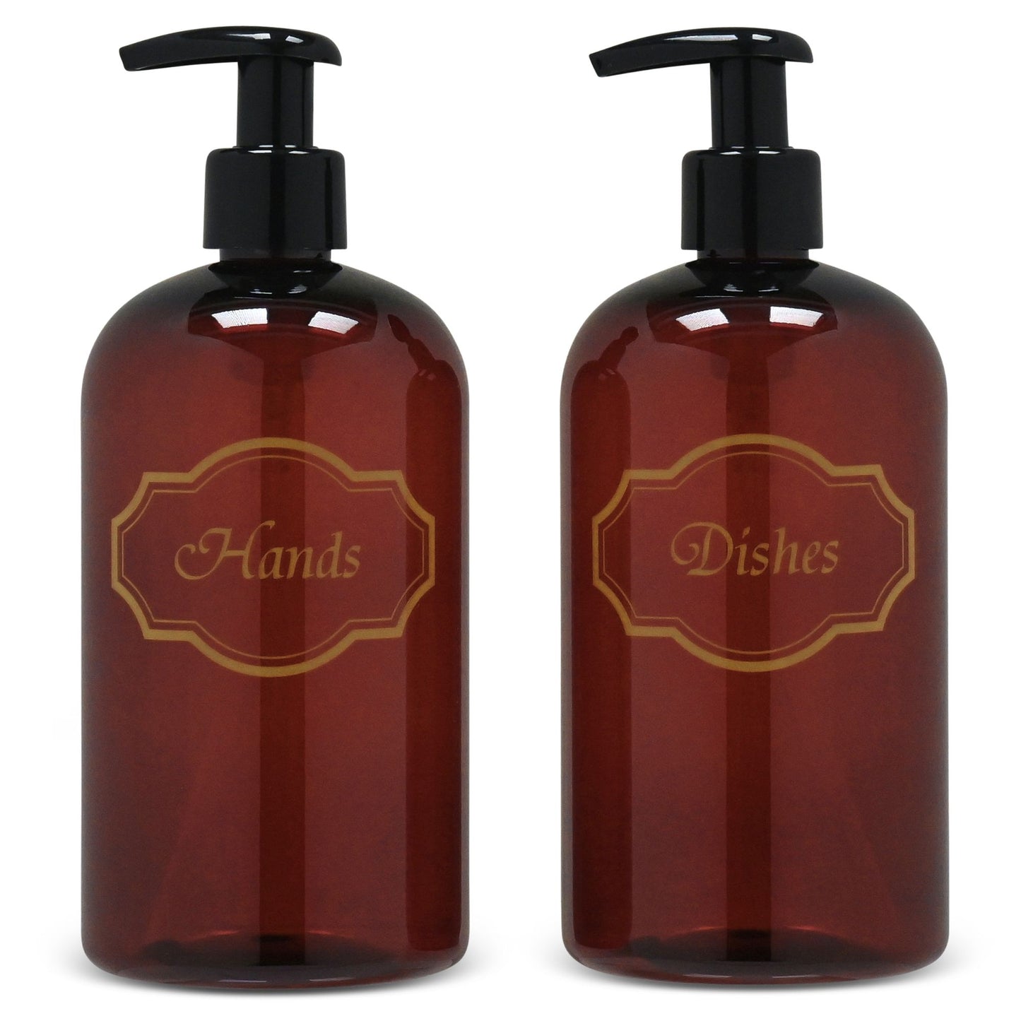 16 oz PET Plastic Set of Hand and Dish Soap Refillable Bottle Dispensers with Black Lotion Pumps-BPA-free and Preprinted