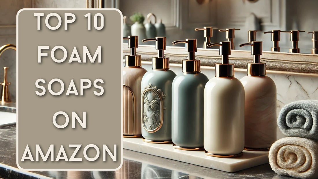 Liquid soap bottles in pastel colors lined up on a bathroom counter