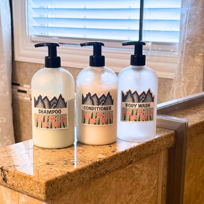 Fields & Mountains Vinyl Sticker Set - Shampoo, Conditioner, Body Wash