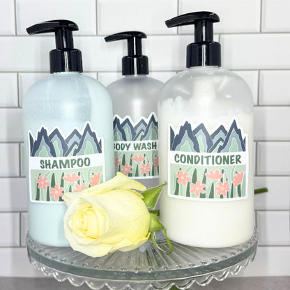 Fields & Mountains Vinyl Sticker Set - Shampoo, Conditioner, Body Wash
