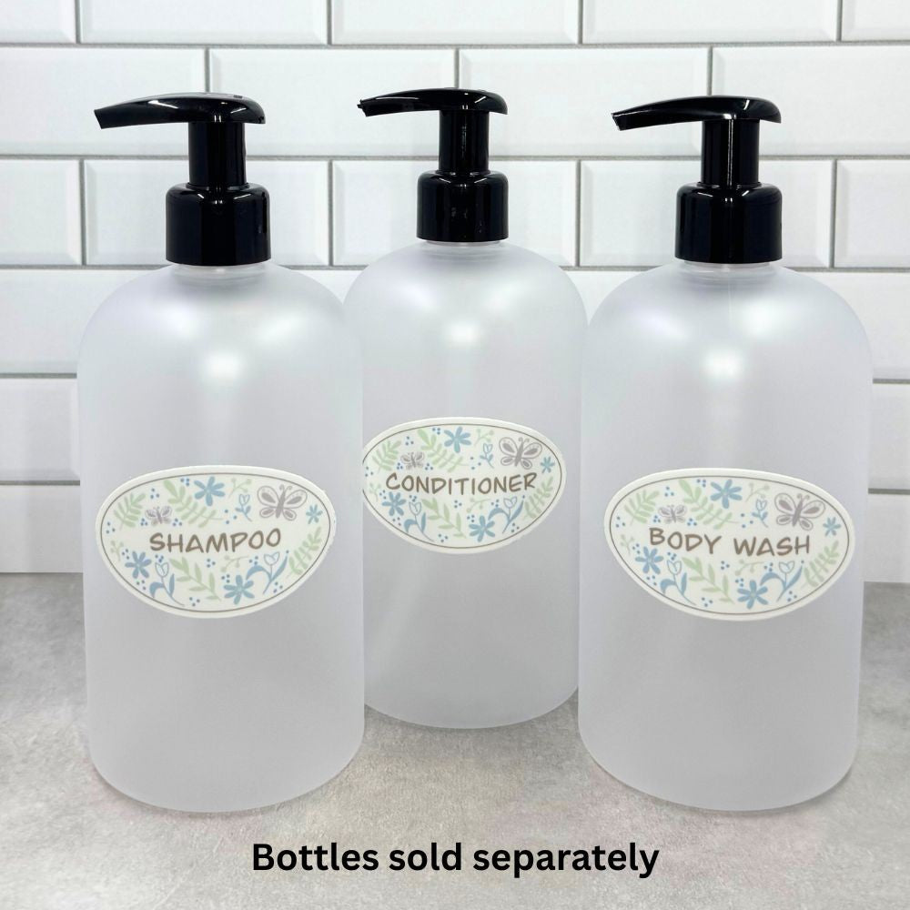 pastel garden doodle oval stickers on frosted clear refillable shower bottles