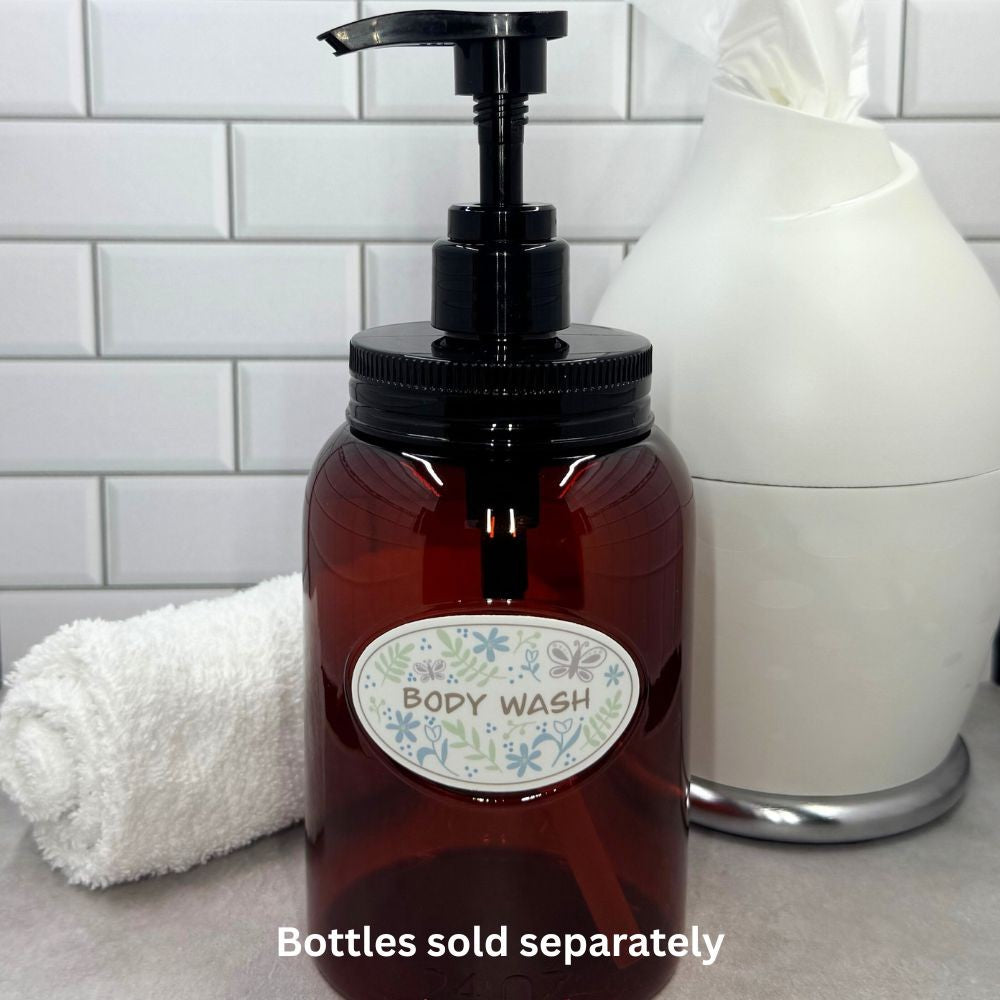 pastel garden doodle body wash sticker on Bottiful Home amber wide mouth bottle