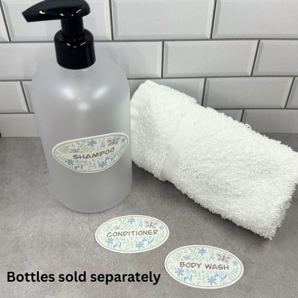 Pastel garden doodle sticker set on bottle and countertop