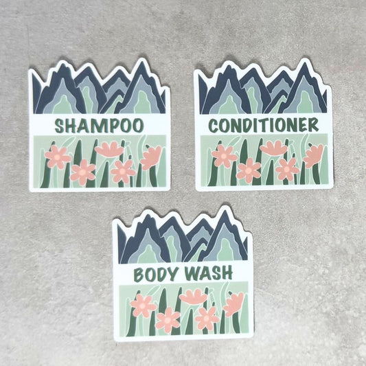 Fields & Mountains Vinyl Sticker Set - Shampoo, Conditioner, Body Wash