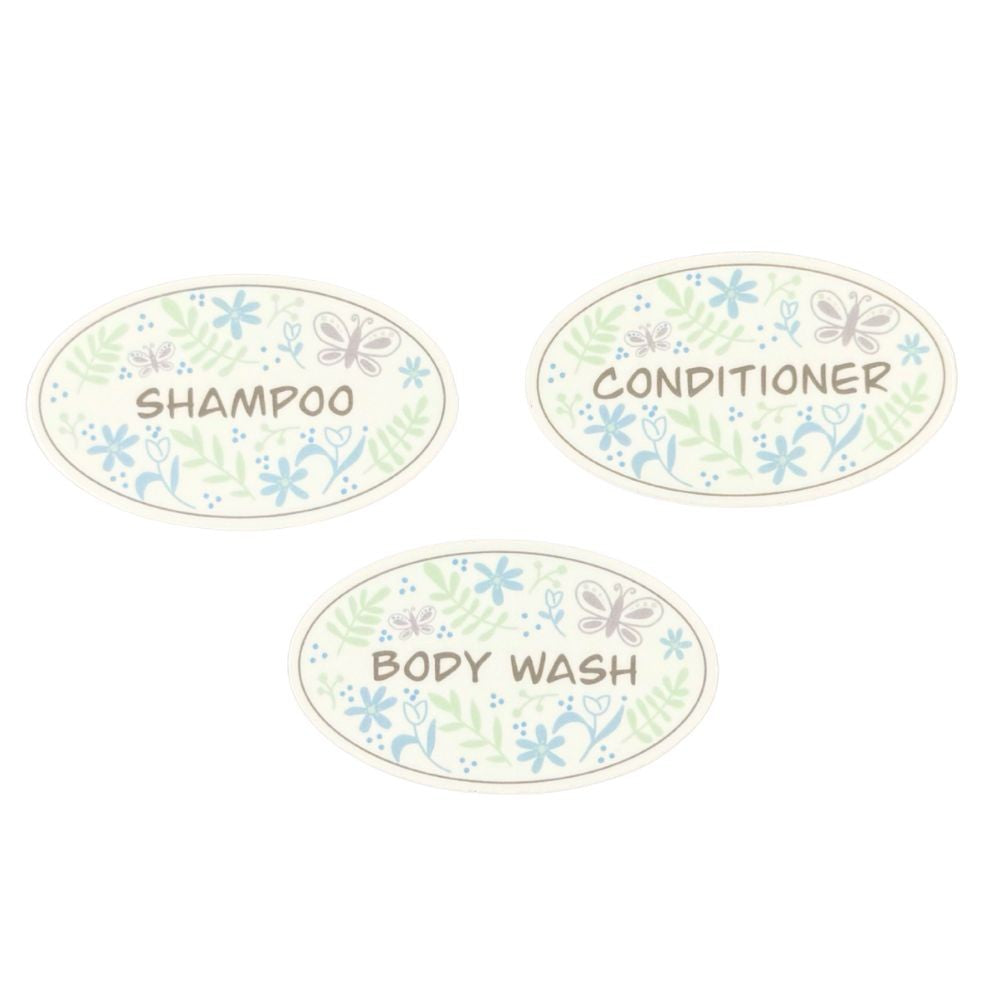 pastel garden doodle oval stickers for shampoo, conditioner, body wash on beige background