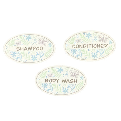 pastel garden doodle oval stickers for shampoo, conditioner, body wash on beige background