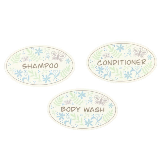 pastel garden doodle oval stickers for shampoo, conditioner, body wash on beige background