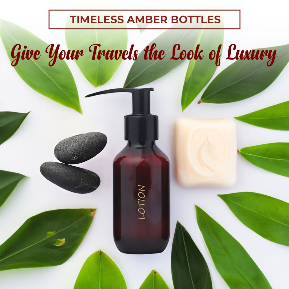 3 oz. Refillable Gold Printed Amber Plastic Travel Bottles Set w Pumps - TSA-Compliant
