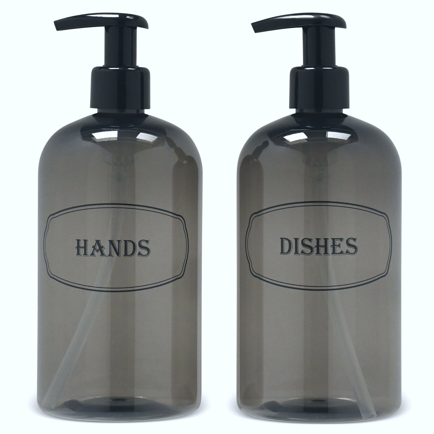 16 oz PET Plastic Set of Hand and Dish Soap Refillable Bottle Dispensers with Black Lotion Pumps-BPA-free and Preprinted