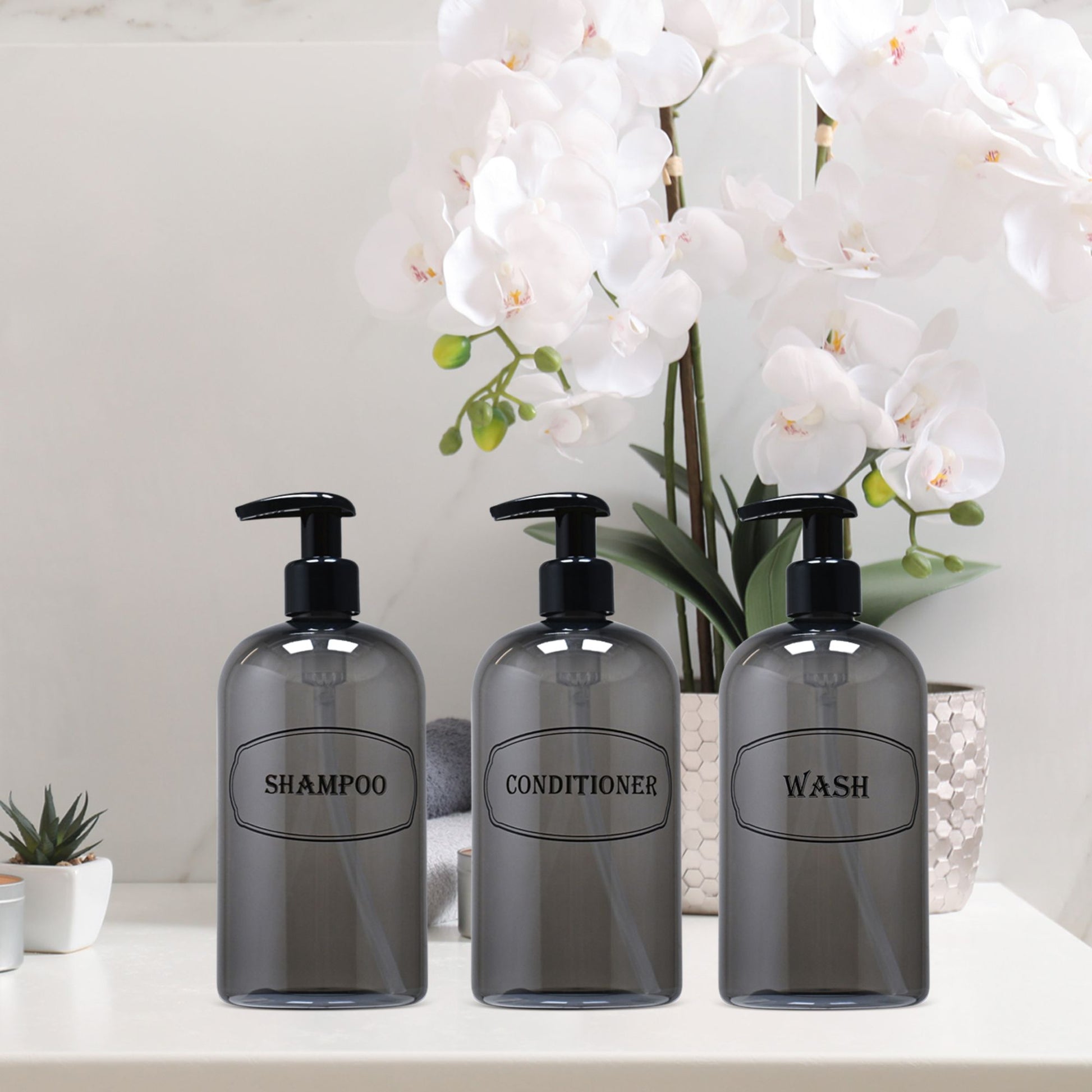 Bottiful Home-16 oz Grey Shampoo, Conditioner, Wash Shower Soap Dispensers-3 Refillable Empty Pet Plastic Pump Bottle Shower Containers-Printed