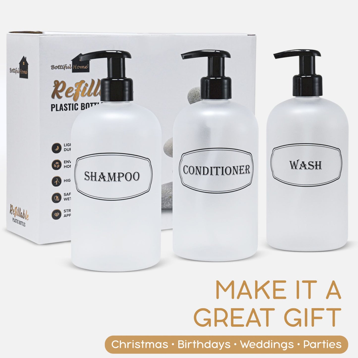 16 oz. Refillable Plastic Shampoo, Conditioner, Wash Shower Bottles with High-Viscosity Pumps