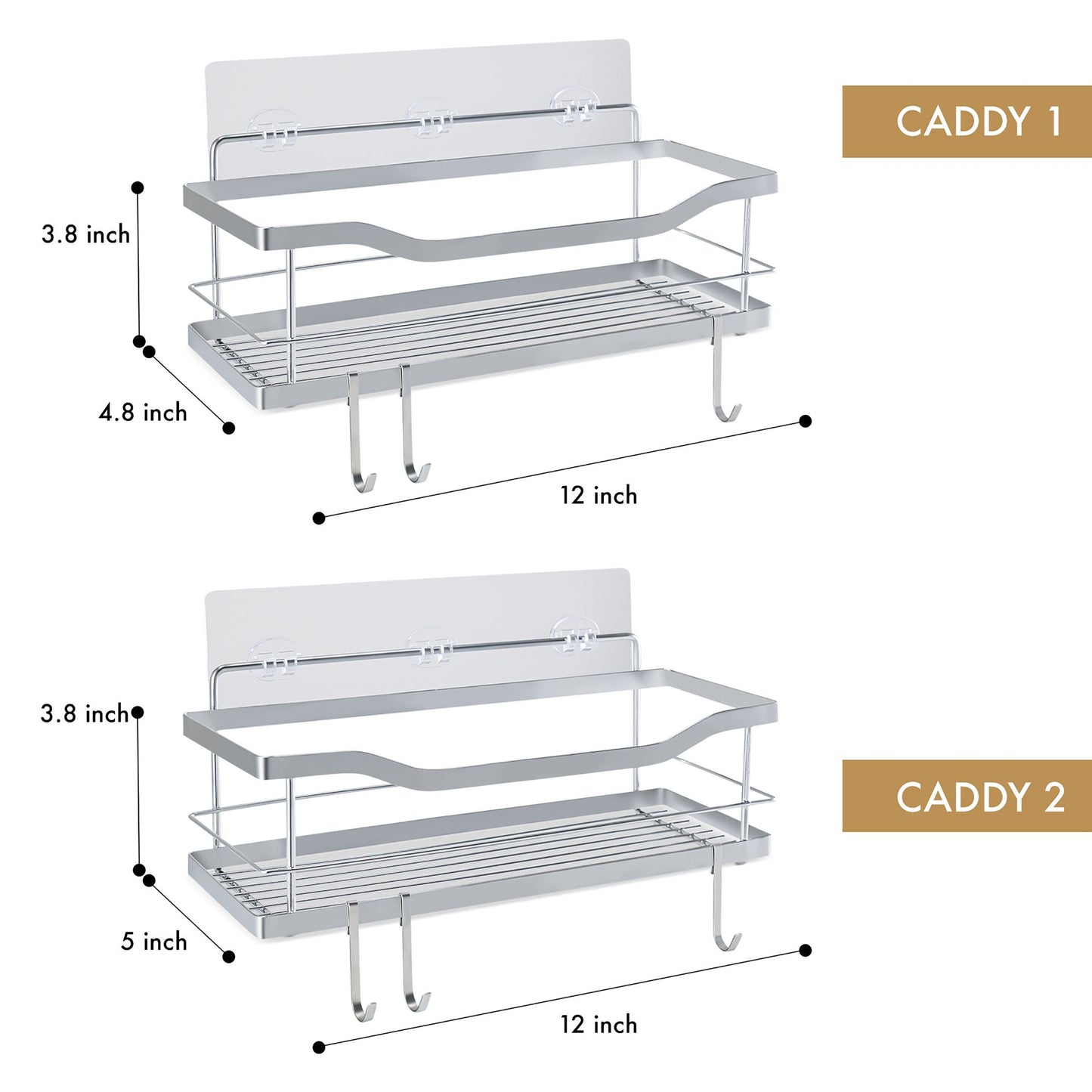 304 Stainless Steel Shower Caddies-Rustproof-No Drill-Removable Adhesive-Set of 2